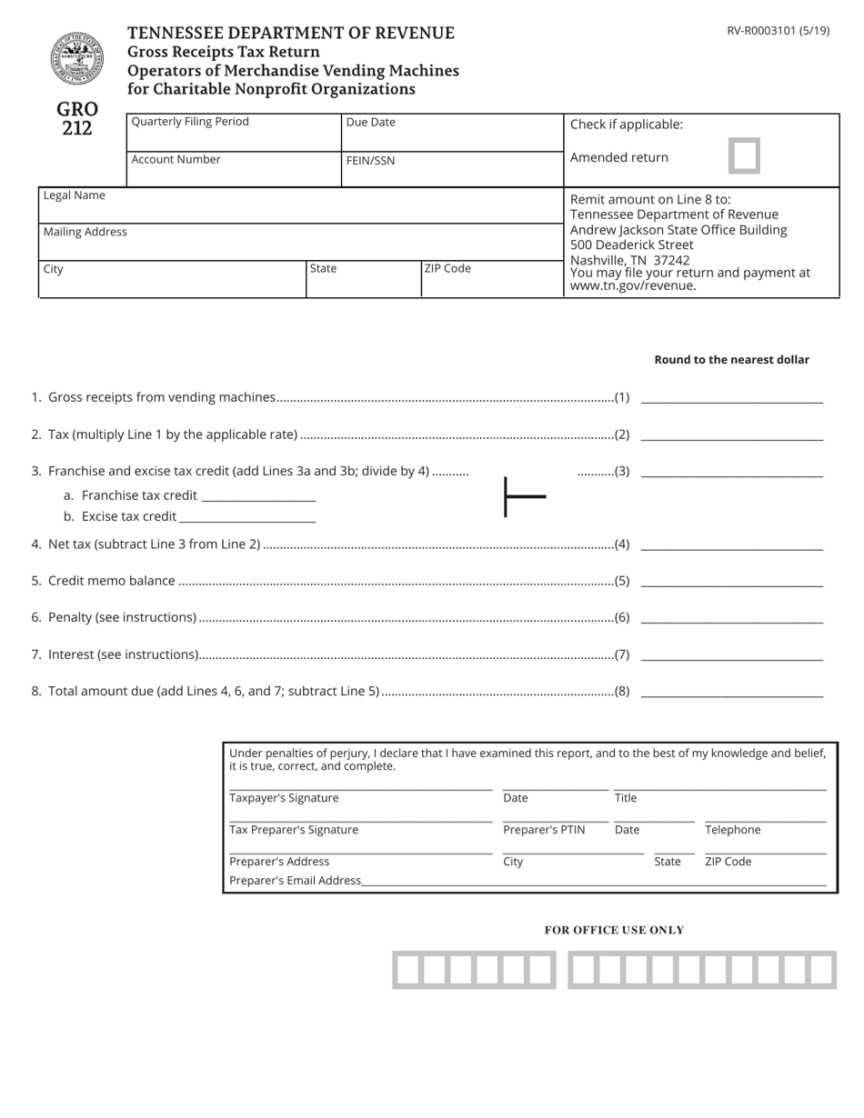 Form GRO212 (RV-R0003101) Gross Receipts Tax Return - Operators of Merchandise Vending Machines for Charitable Nonprofit Organizations - Tennessee, Page 1