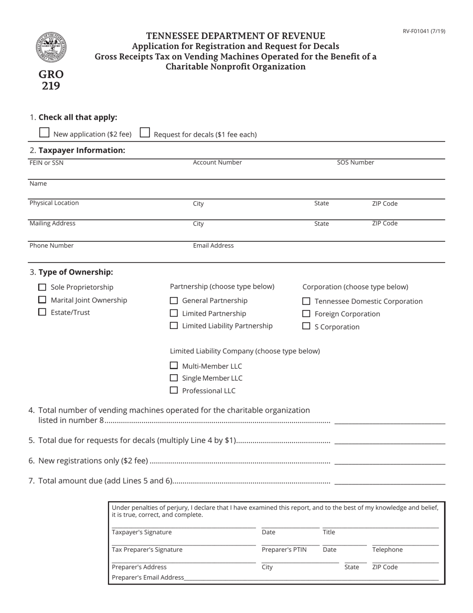 Form GRO219 (RV-F01041) Application for Registration and Request for Decals Gross Receipts Tax on Vending Machines Operated for the Benefit of a Charitable Nonprofit Organization - Tennessee, Page 1