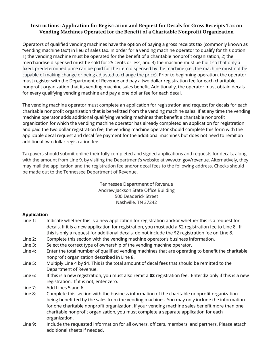 Form GRO219 (RV-F01041) Application for Registration and Request for Decals Gross Receipts Tax on Vending Machines Operated for the Benefit of a Charitable Nonprofit Organization - Tennessee, Page 3