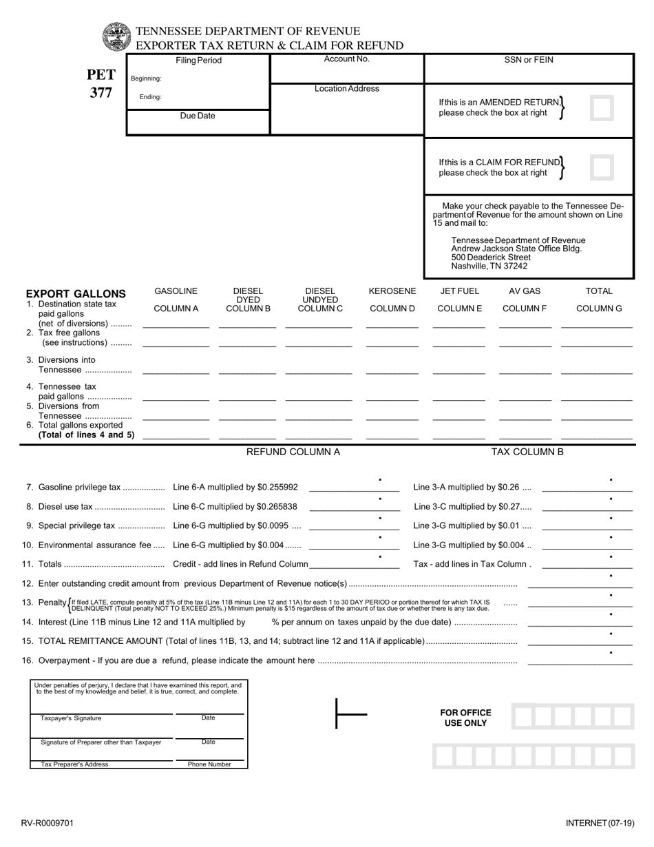 Form PET377 (RV-R0009701) Exporter Tax Return  Claim for Refund - Tennessee, Page 1