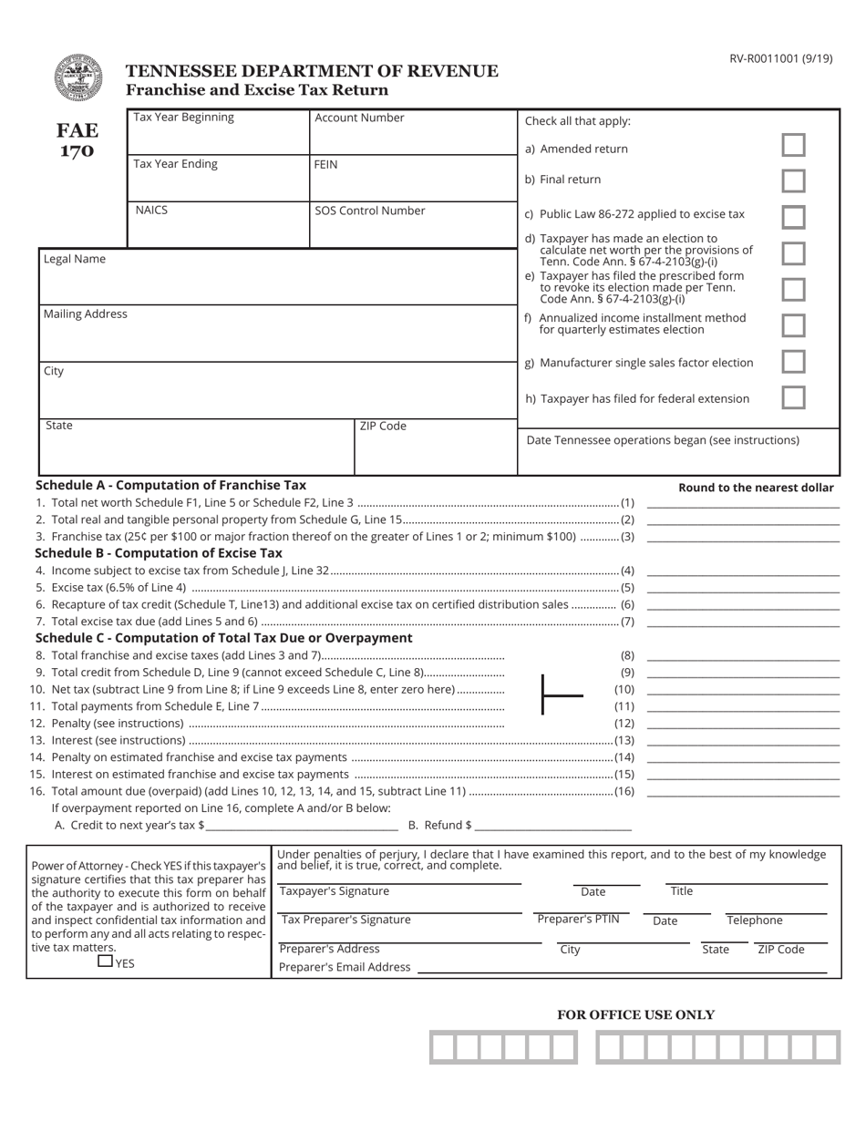 Form FAE170 (RV-R0011001) Franchise and Excise Tax Return - Tennessee, Page 1