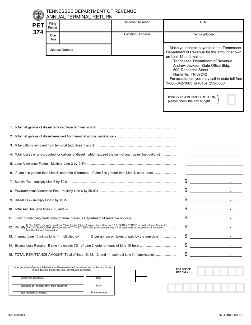 Form PET374 (RV-R0009401) Annual Terminal Return - Tennessee, Page 1