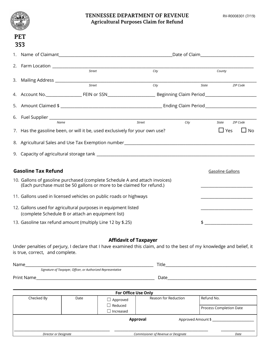 Form PET353 (RV-R0008301) Agricultural Purposes Claim for Refund - Tennessee, Page 1