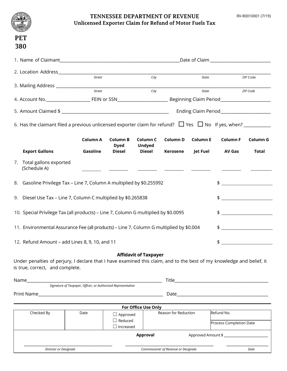 Form PET380 (RV-R0010001) Unlicensed Exporter Claim for Refund of Motor Fuels Tax - Tennessee, Page 1