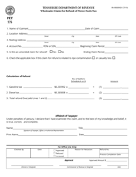 Form PET375 (RV-R0009501) Wholesaler Claim for Refund of Motor Fuels Tax - Tennessee