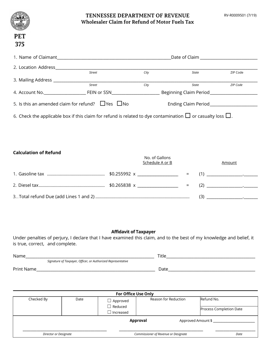 Form PET375 (RV-R0009501) Wholesaler Claim for Refund of Motor Fuels Tax - Tennessee, Page 1