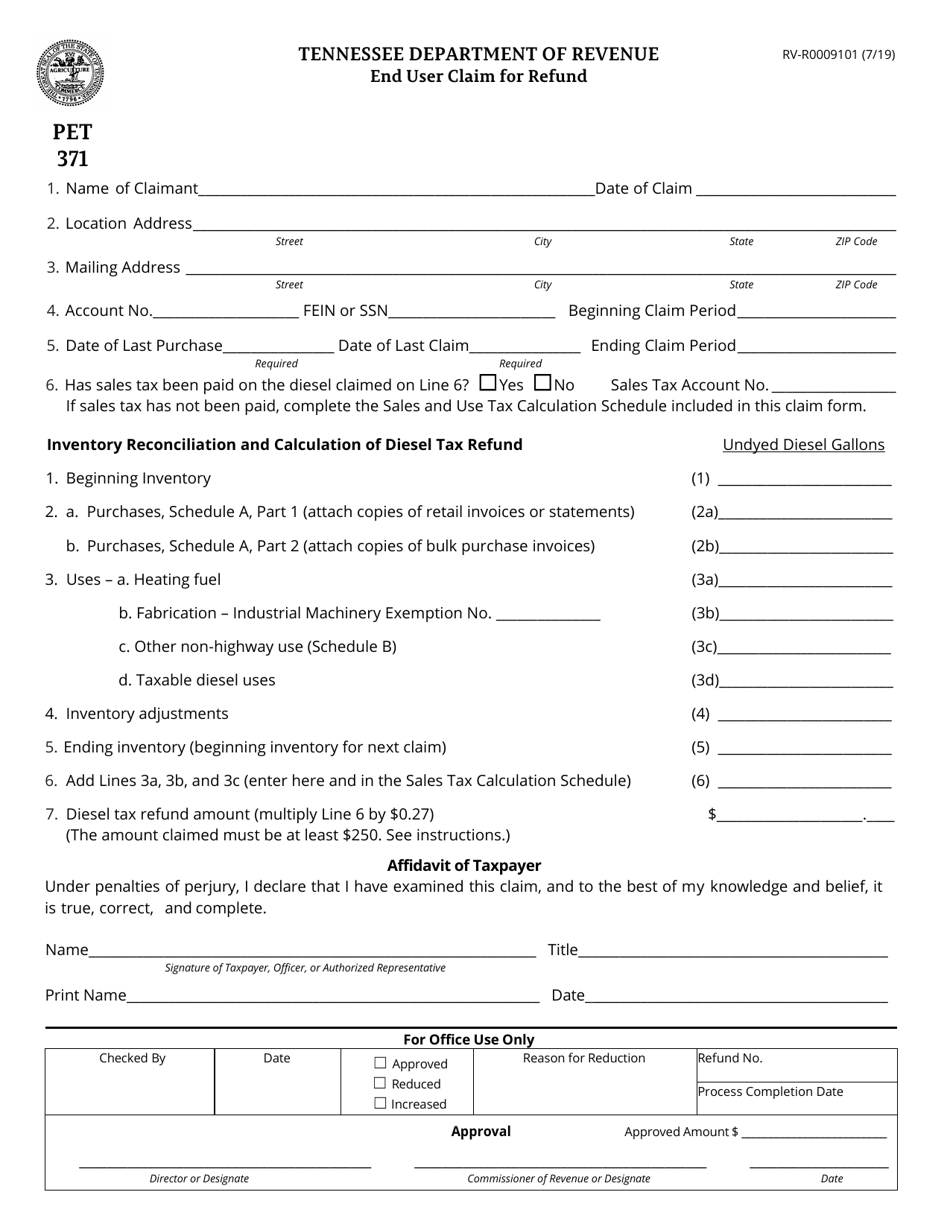 Form PET371 (RV-R0009101) End User Claim for Refund - Tennessee, Page 1