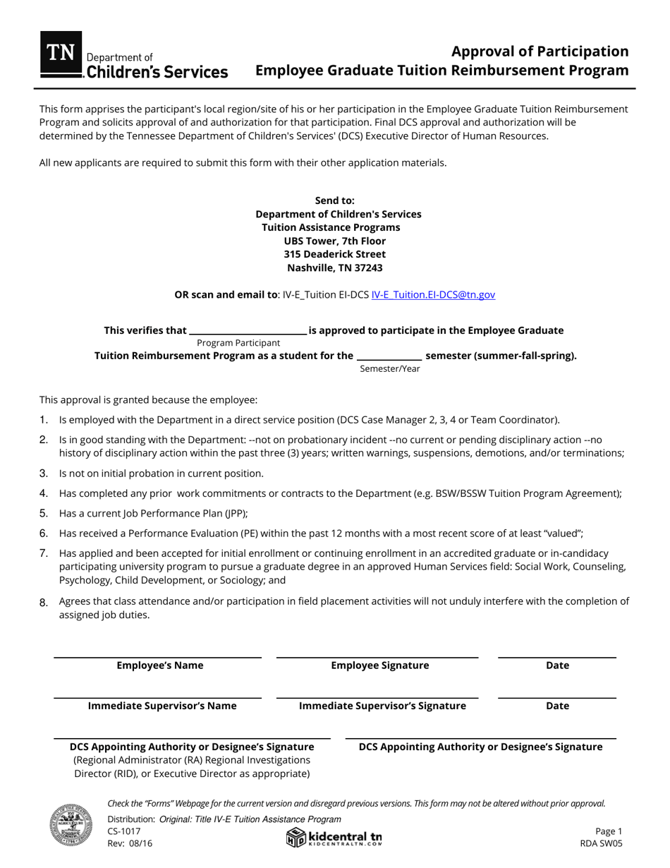Form Cs 1017 Download Fillable Pdf Or Fill Online Approval Of Participation Employee Graduate Tuition Reimbursement Program Tennessee Templateroller