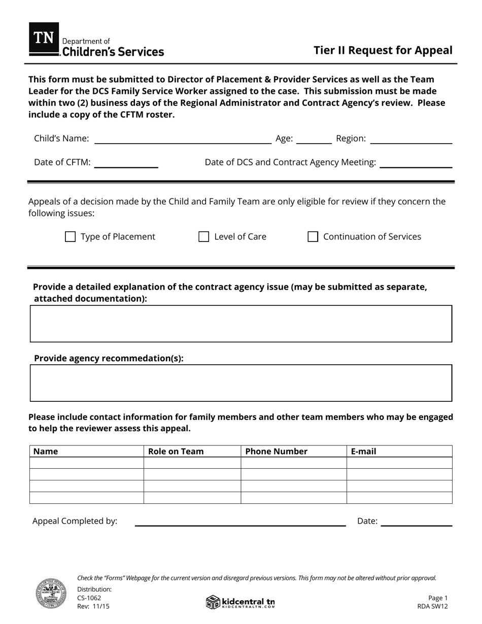 Form CS-1062 Tier II Request for Appeal - Tennessee, Page 1