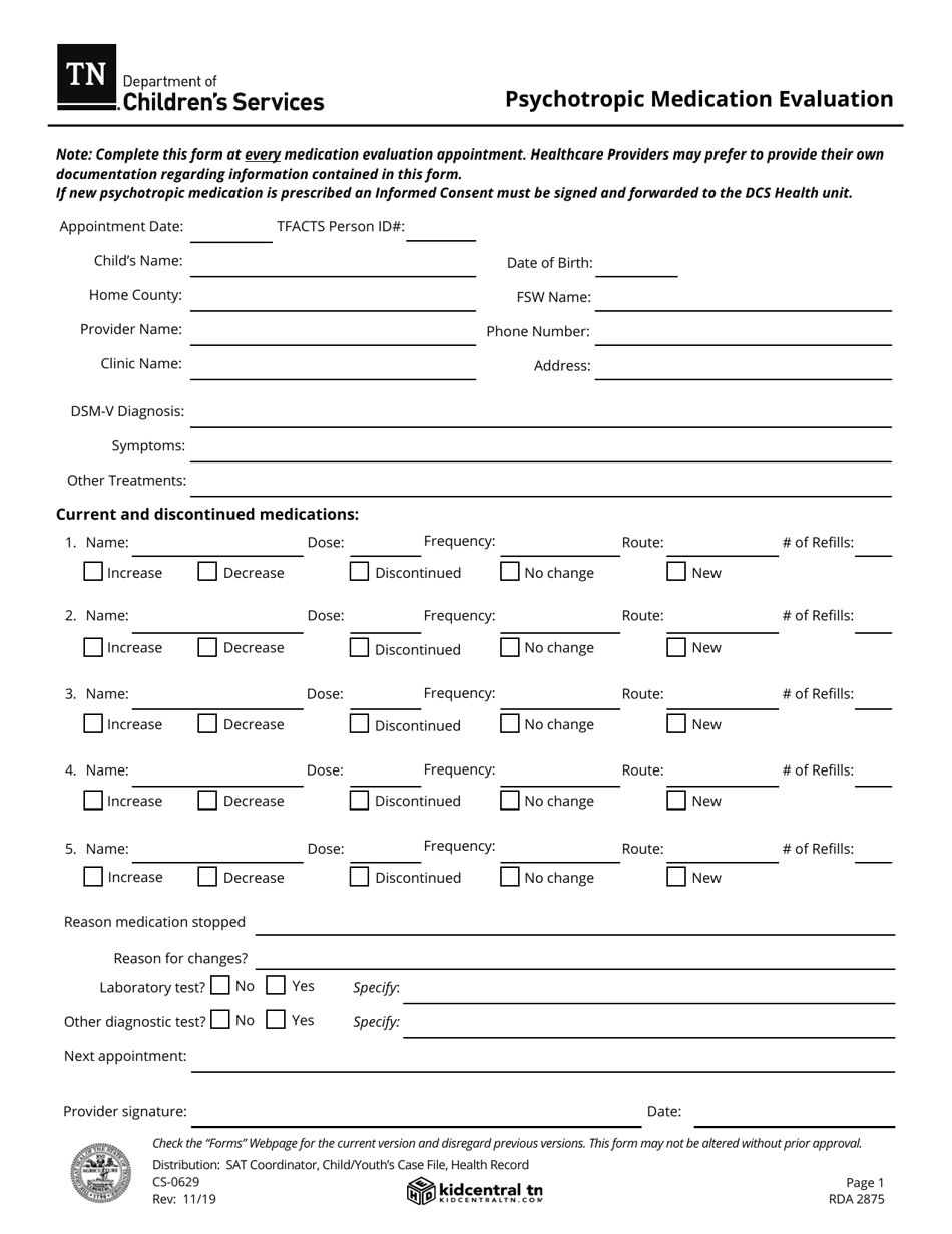 Form CS-0629 Psychotropic Medication Evaluation - Tennessee, Page 1