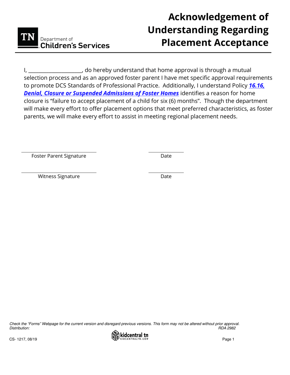Form CS-1217 Acknowledgement of Understanding Regarding Placement Acceptance - Tennessee, Page 1