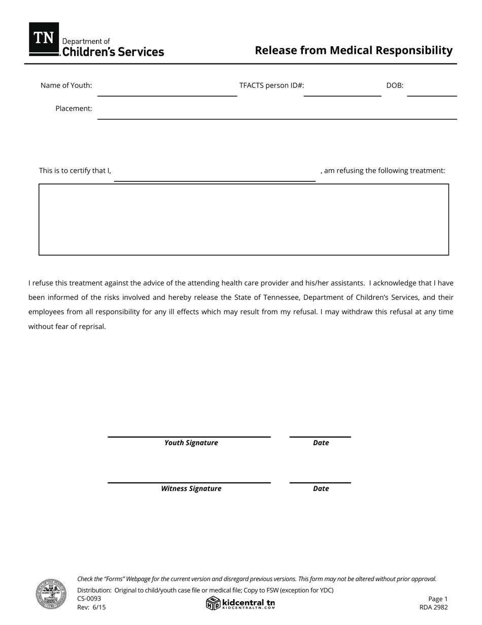Form CS-0093 Release From Medical Responsibility - Tennessee, Page 1