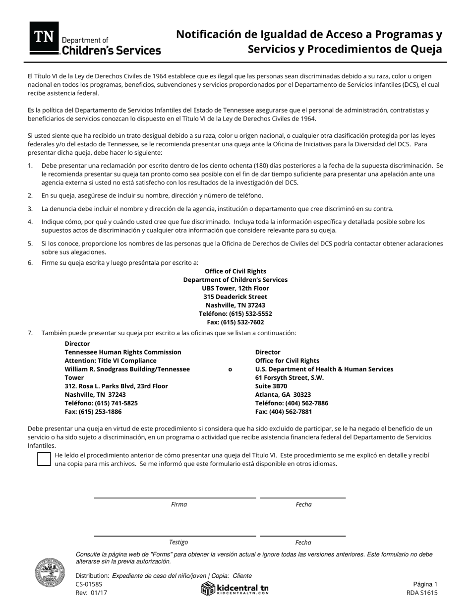 Formulario CS-0158 Notificacion De Igualdad De Acceso a Programas Y Servicios Y Procedimientos De Queja - Tennessee (Spanish), Page 1