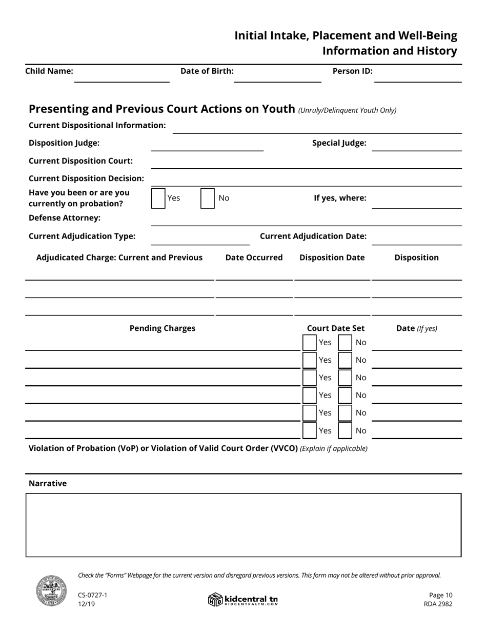 Form CS-0727-1 Child / Youth Placement and Well-Being Information - Tennessee, Page 10
