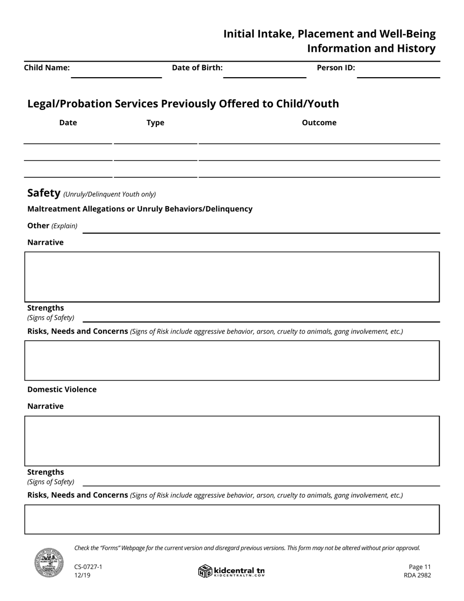 Form CS-0727-1 Child / Youth Placement and Well-Being Information - Tennessee, Page 11
