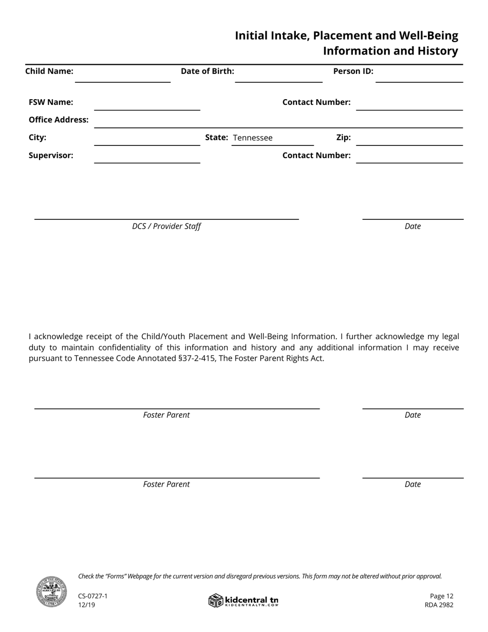 Form CS-0727-1 Child / Youth Placement and Well-Being Information - Tennessee, Page 12