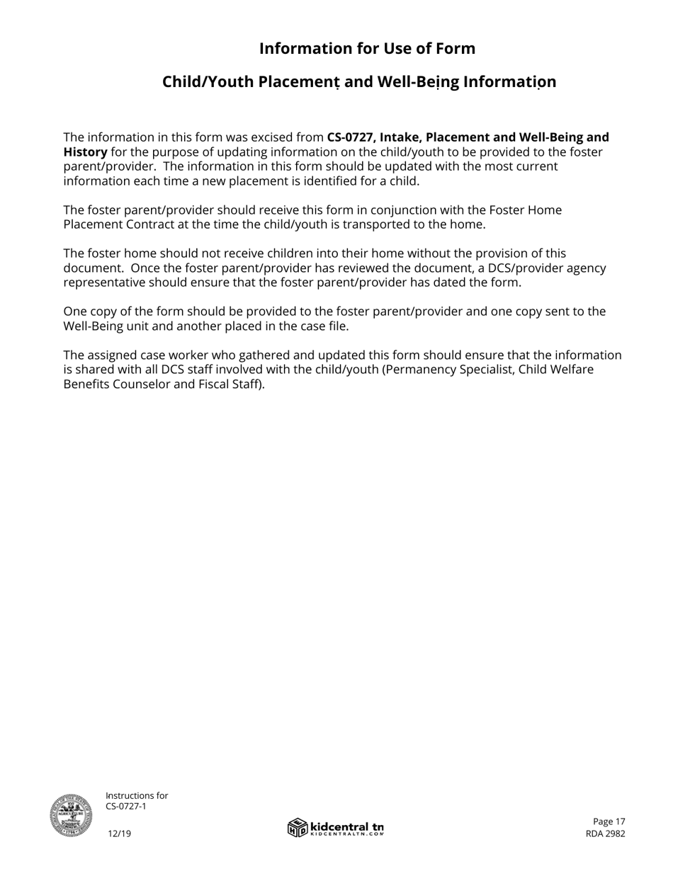 Form CS-0727-1 Child / Youth Placement and Well-Being Information - Tennessee, Page 13