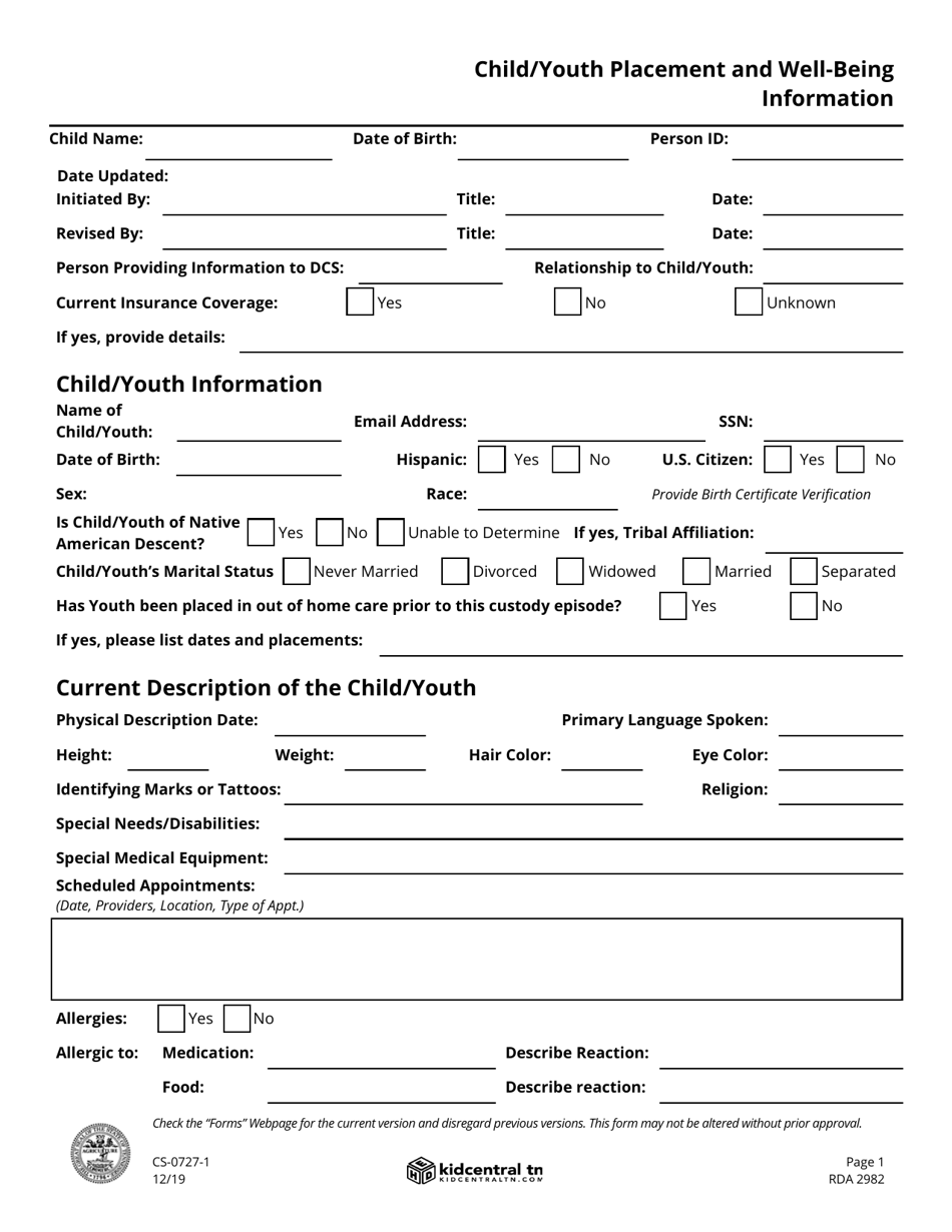 Form CS-0727-1 Child / Youth Placement and Well-Being Information - Tennessee, Page 1