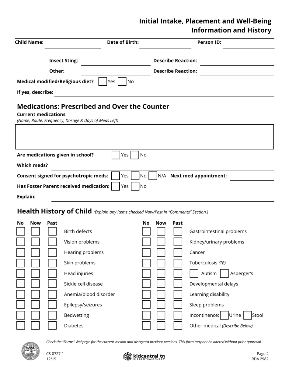 Form CS-0727-1 Child / Youth Placement and Well-Being Information - Tennessee, Page 2