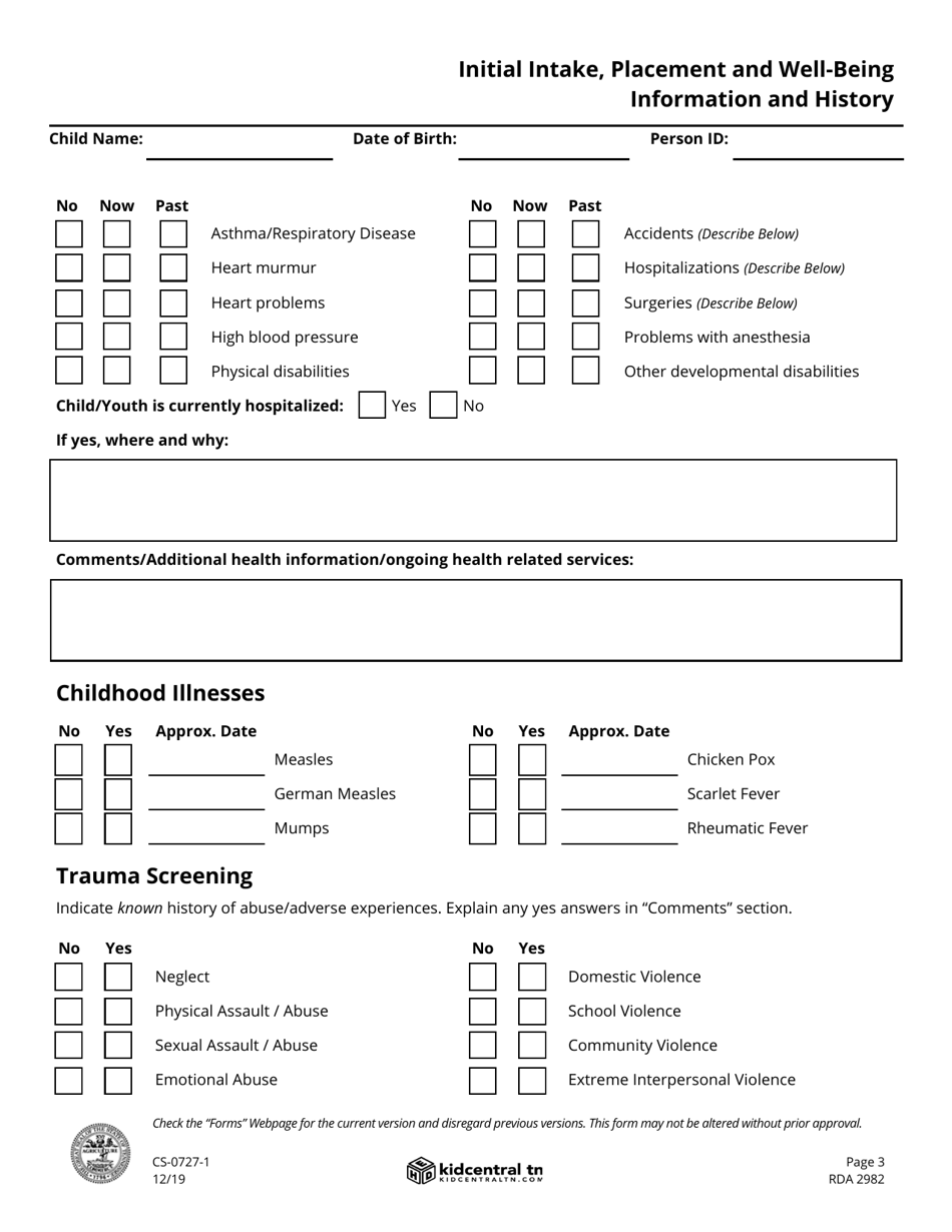 Form CS-0727-1 Child / Youth Placement and Well-Being Information - Tennessee, Page 3