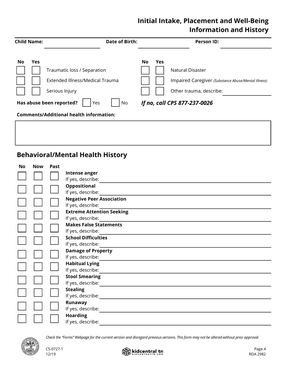 Form CS-0727-1 Child / Youth Placement and Well-Being Information - Tennessee, Page 4