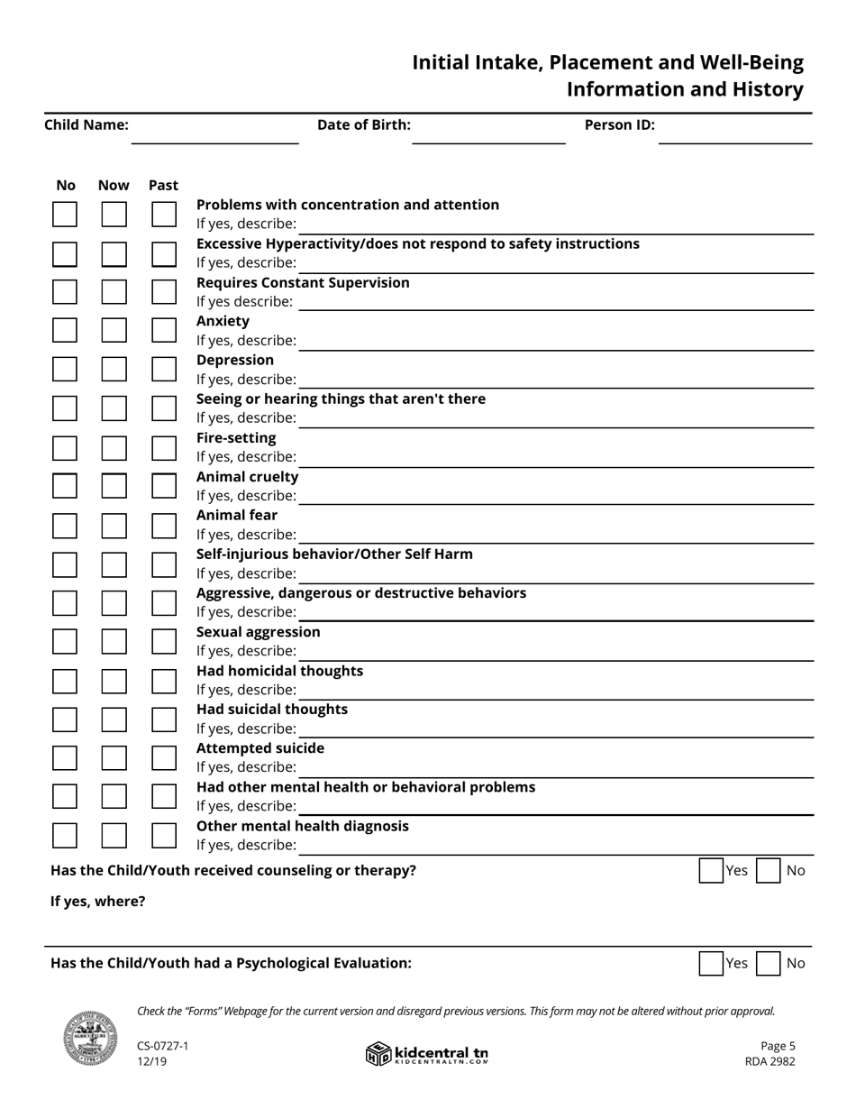 Form CS-0727-1 Child / Youth Placement and Well-Being Information - Tennessee, Page 5
