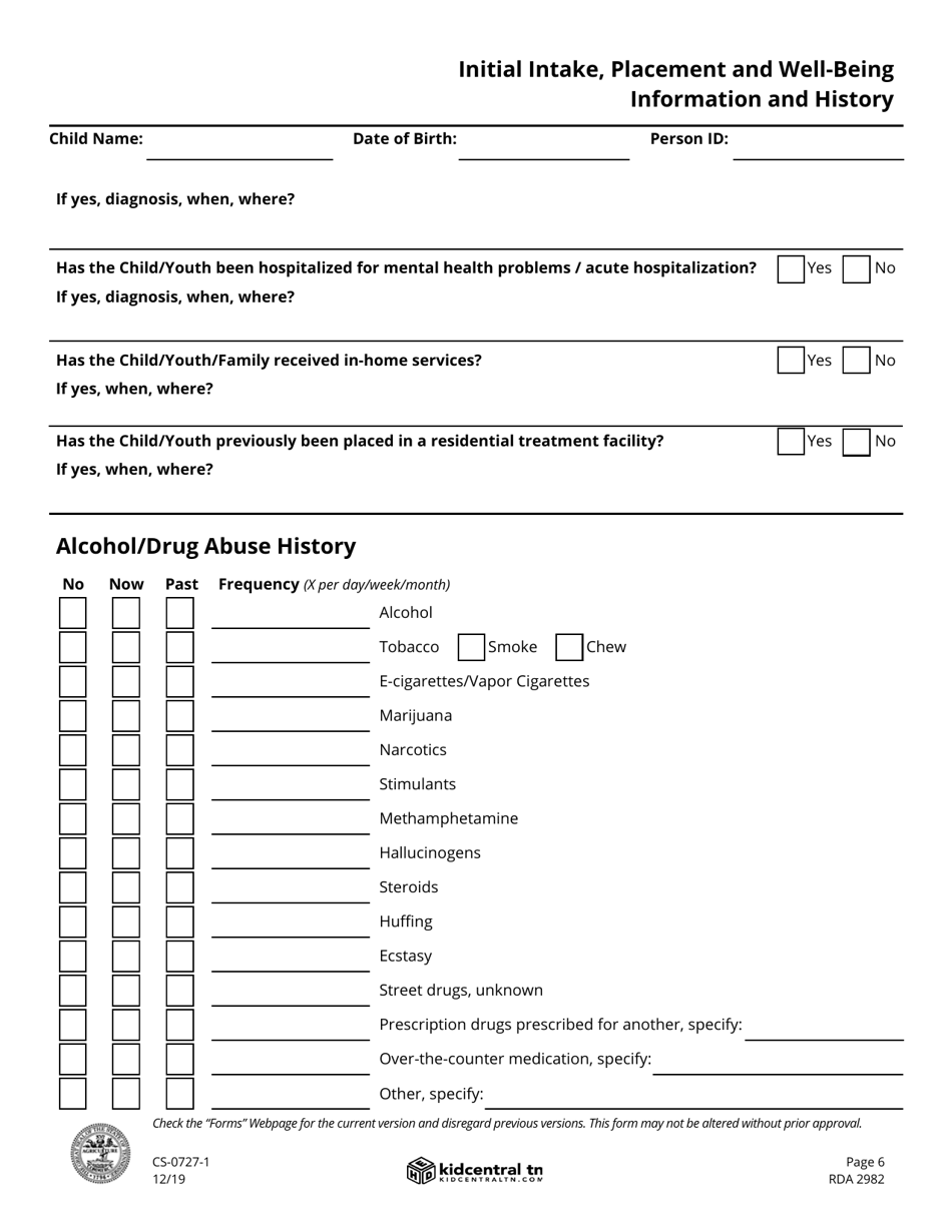 Form CS-0727-1 Child / Youth Placement and Well-Being Information - Tennessee, Page 6