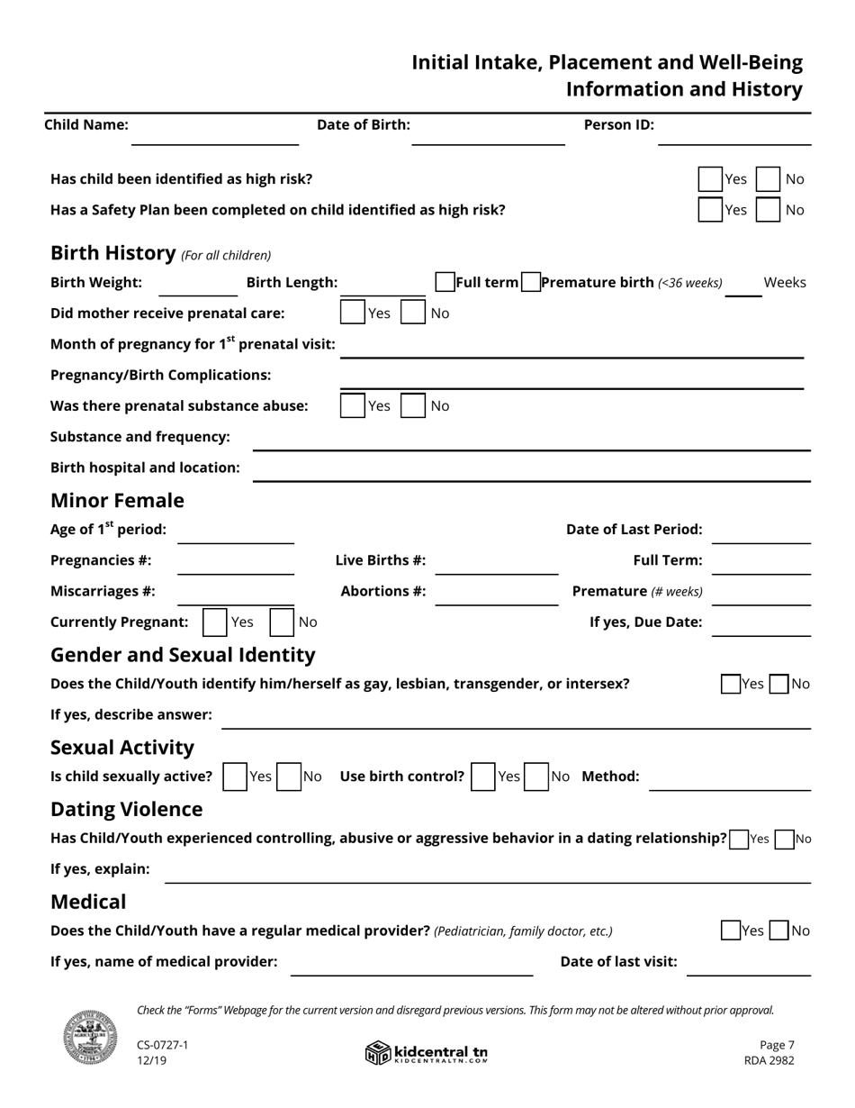Form CS-0727-1 Child / Youth Placement and Well-Being Information - Tennessee, Page 7