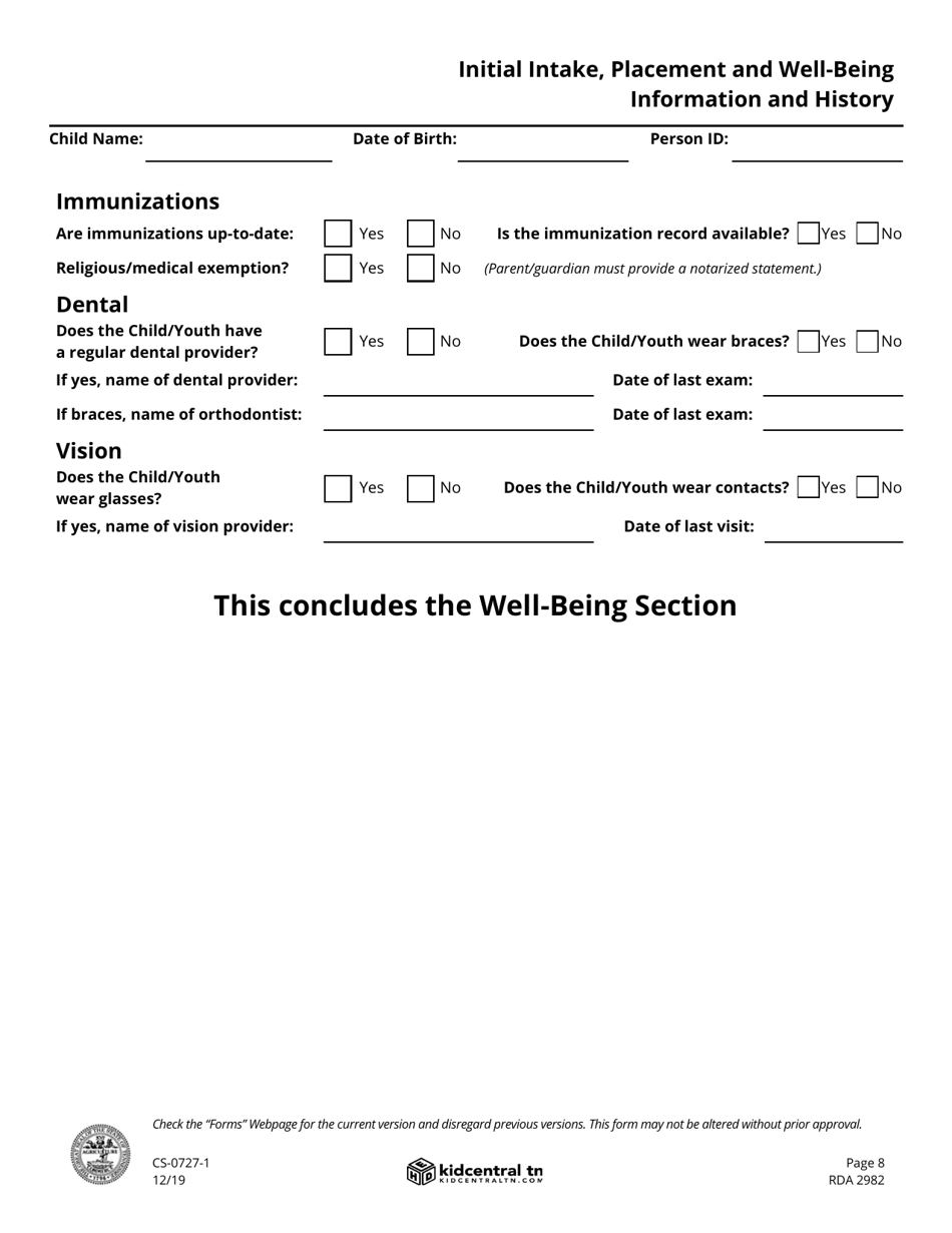 Form CS-0727-1 Child / Youth Placement and Well-Being Information - Tennessee, Page 8