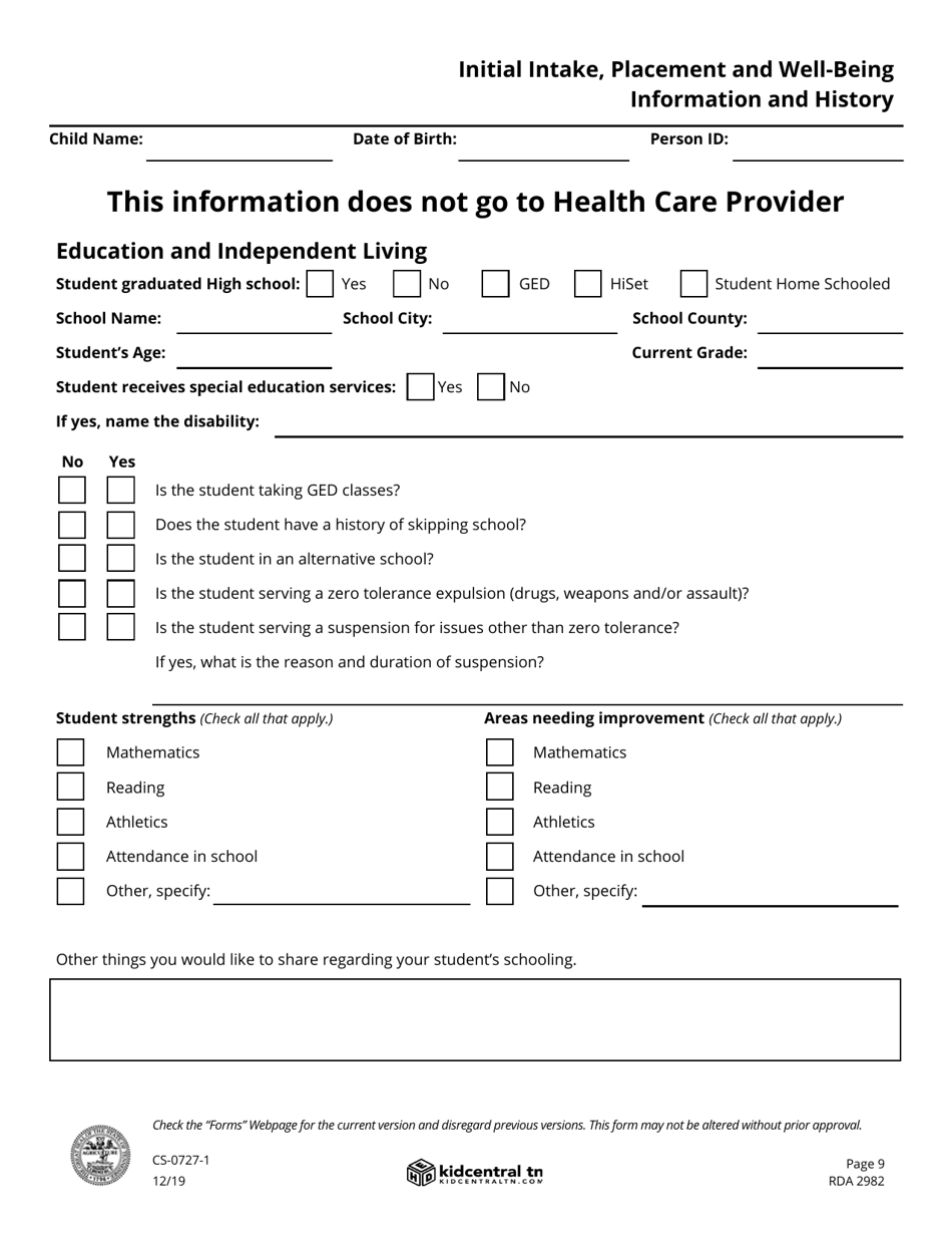 Form CS-0727-1 Child / Youth Placement and Well-Being Information - Tennessee, Page 9