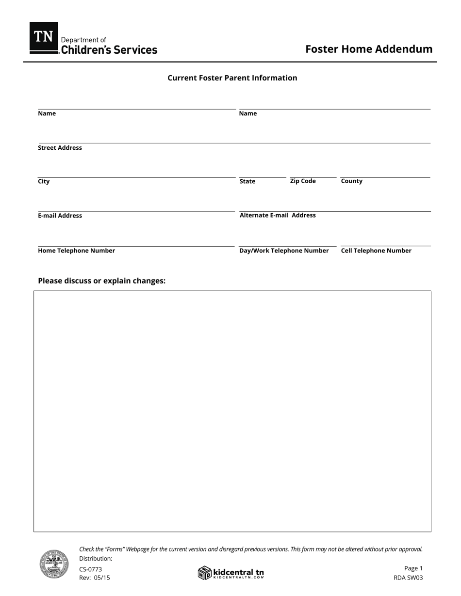 Form CS-0773 Foster Home Addendum - Tennessee, Page 1