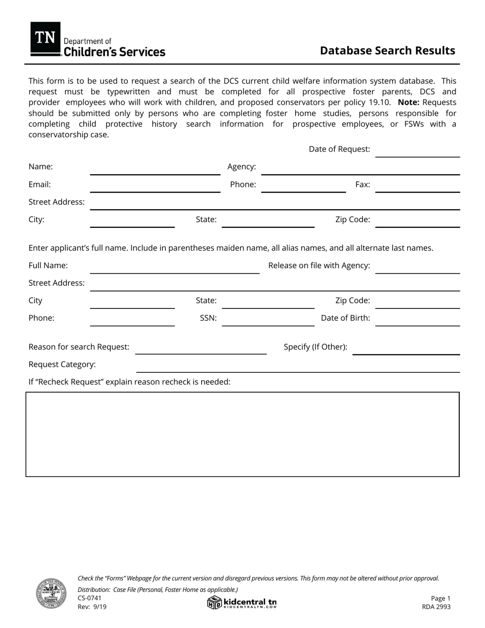 Form CS-0741 Database Search Results - Tennessee, Page 1