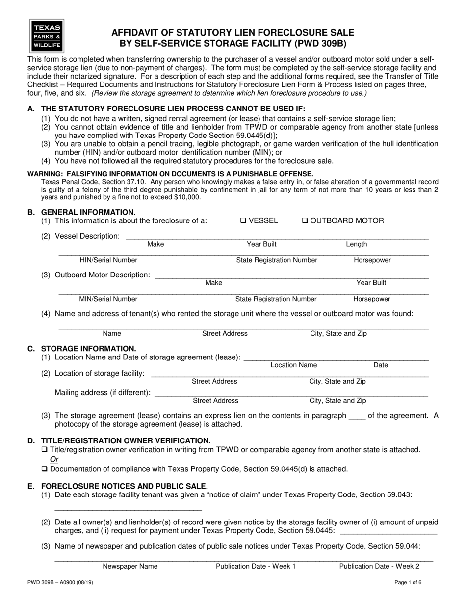 Form PWD309B Affidavit of Statutory Lien Foreclosure Sale by Self-service Storage Facility - Texas, Page 1