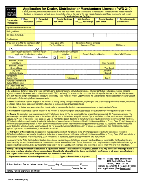 Form PWD310 Application for Dealer, Distributor or Manufacturer License - Texas