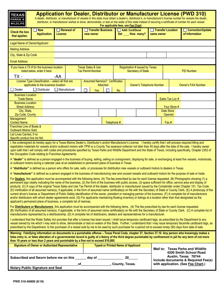 Form PWD310 Fill Out, Sign Online and Download Printable PDF, Texas