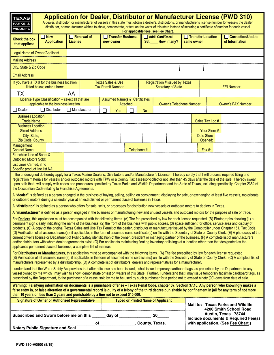 Form PWD310 Application for Dealer, Distributor or Manufacturer License - Texas, Page 1