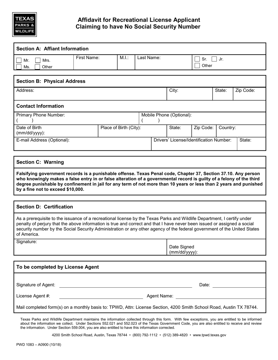 Form PWD1083 Affidavit for Recreational License Applicant Claiming to Have No Social Security Number - Texas, Page 1