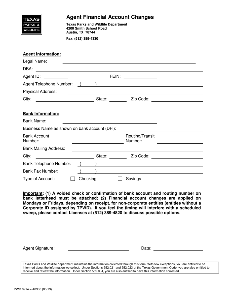 Form PWD0914 Agent Financial Account Changes - Texas, Page 1