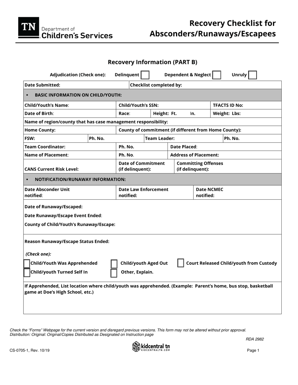 Form CS-0705-1 Recovery Checklist for Absconders / Runaways / Escapees - Tennessee, Page 1