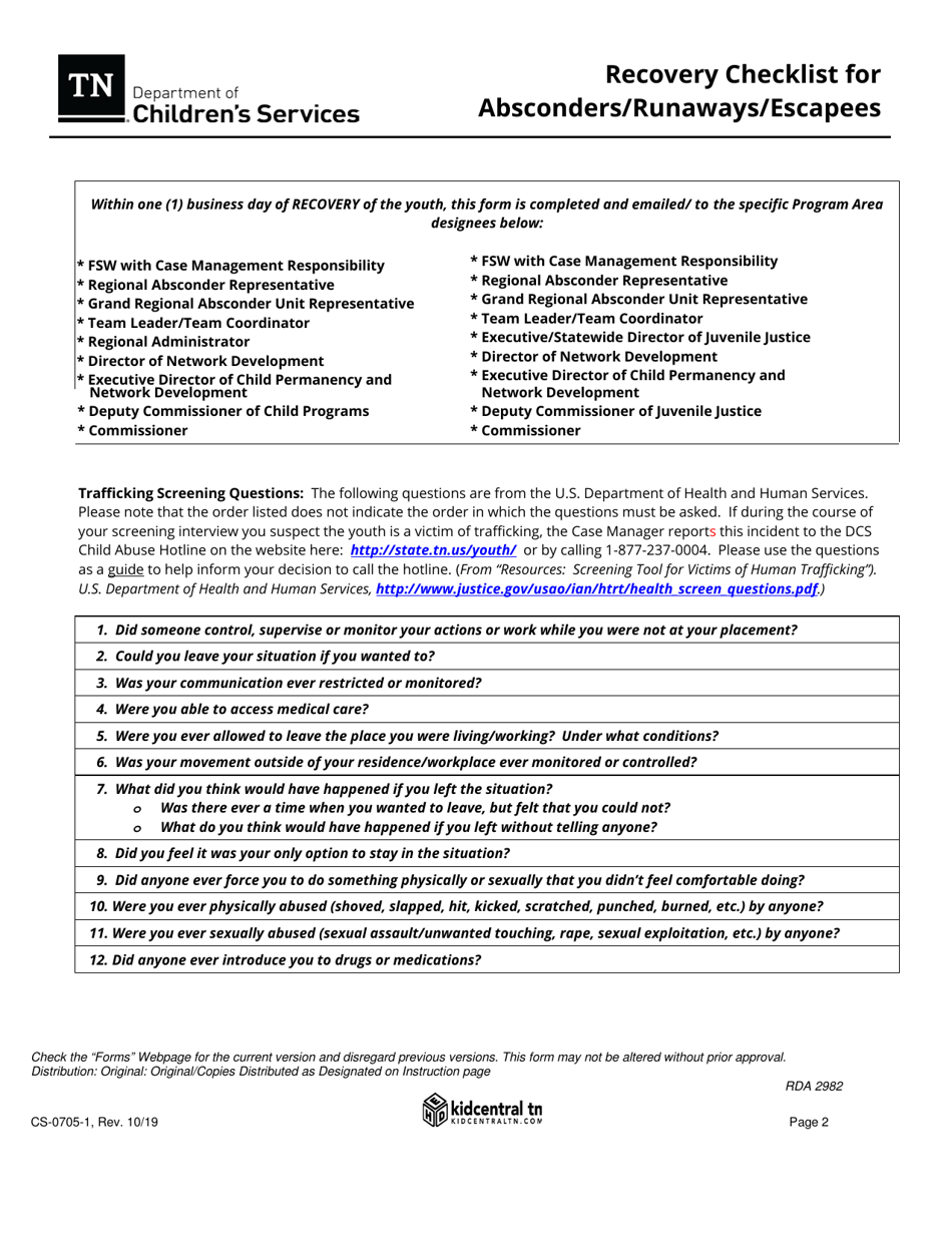 Form CS-0705-1 Recovery Checklist for Absconders / Runaways / Escapees - Tennessee, Page 2