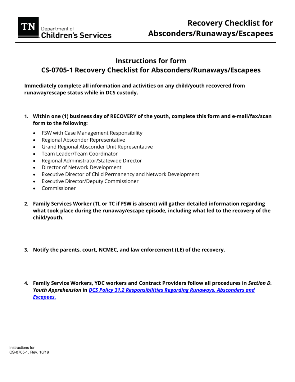 Form CS-0705-1 Recovery Checklist for Absconders / Runaways / Escapees - Tennessee, Page 3