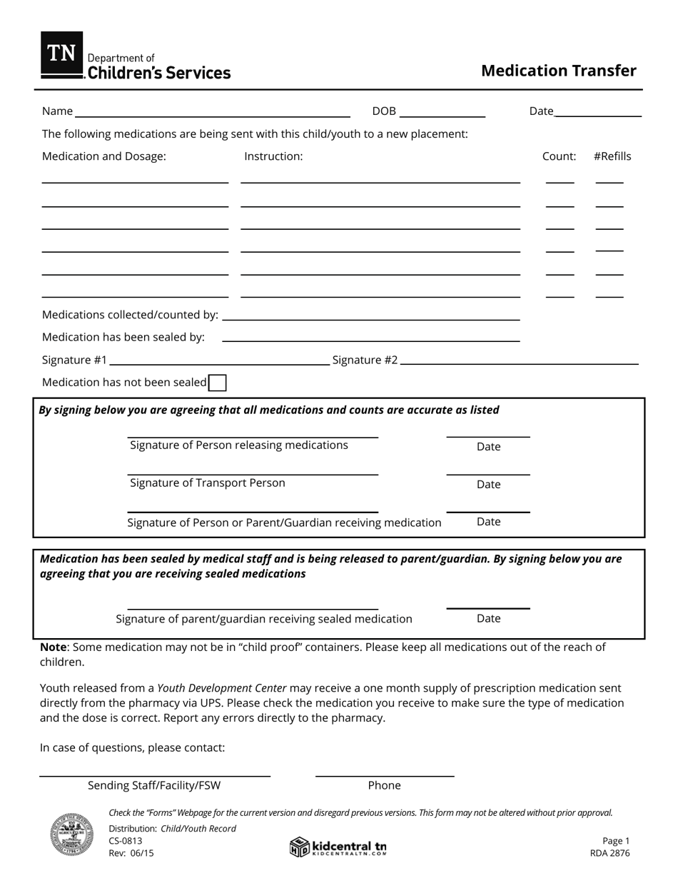 Form CS-0813 Medication Transfer - Tennessee, Page 1