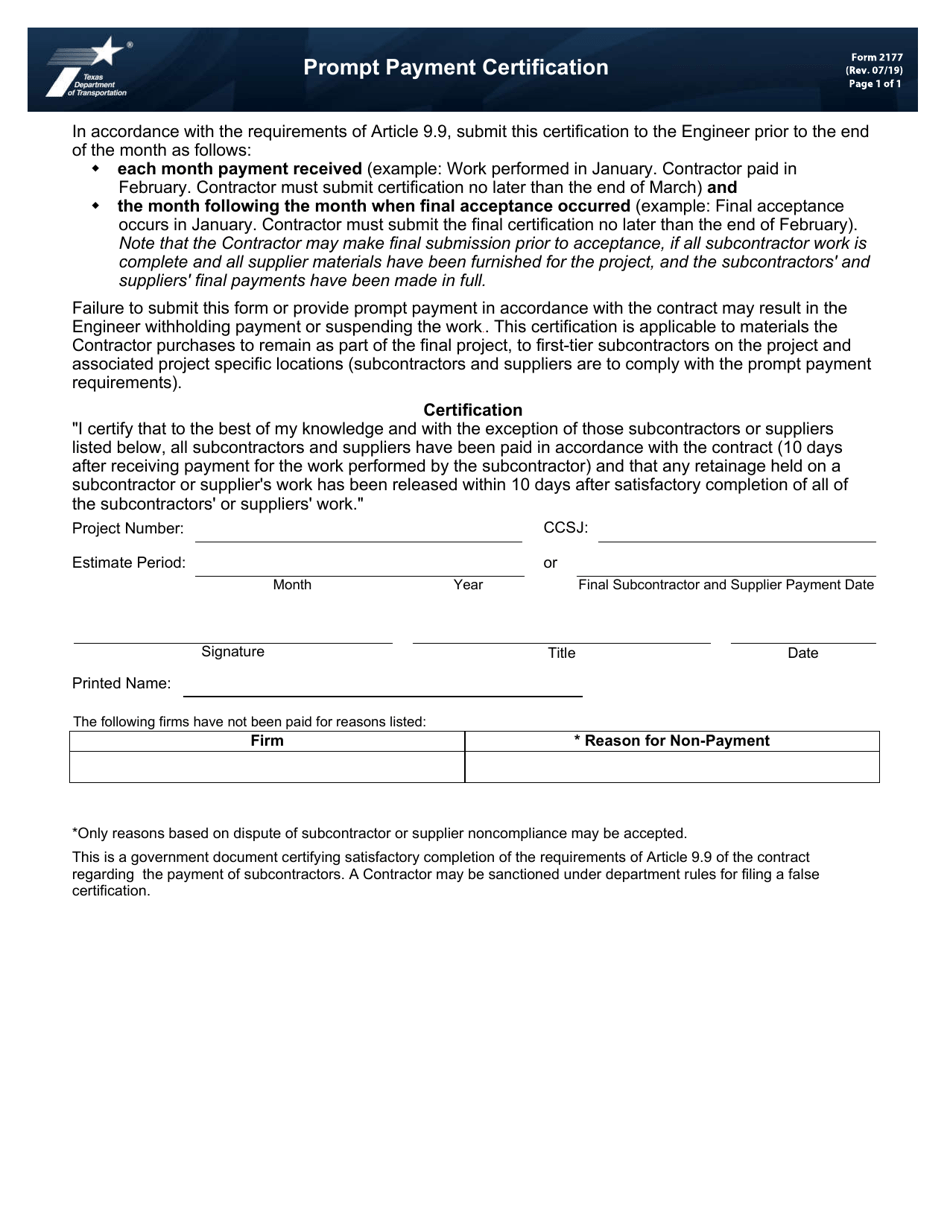 Form 2177 Prompt Payment Certification (Federal Aid Projects) - Texas, Page 1