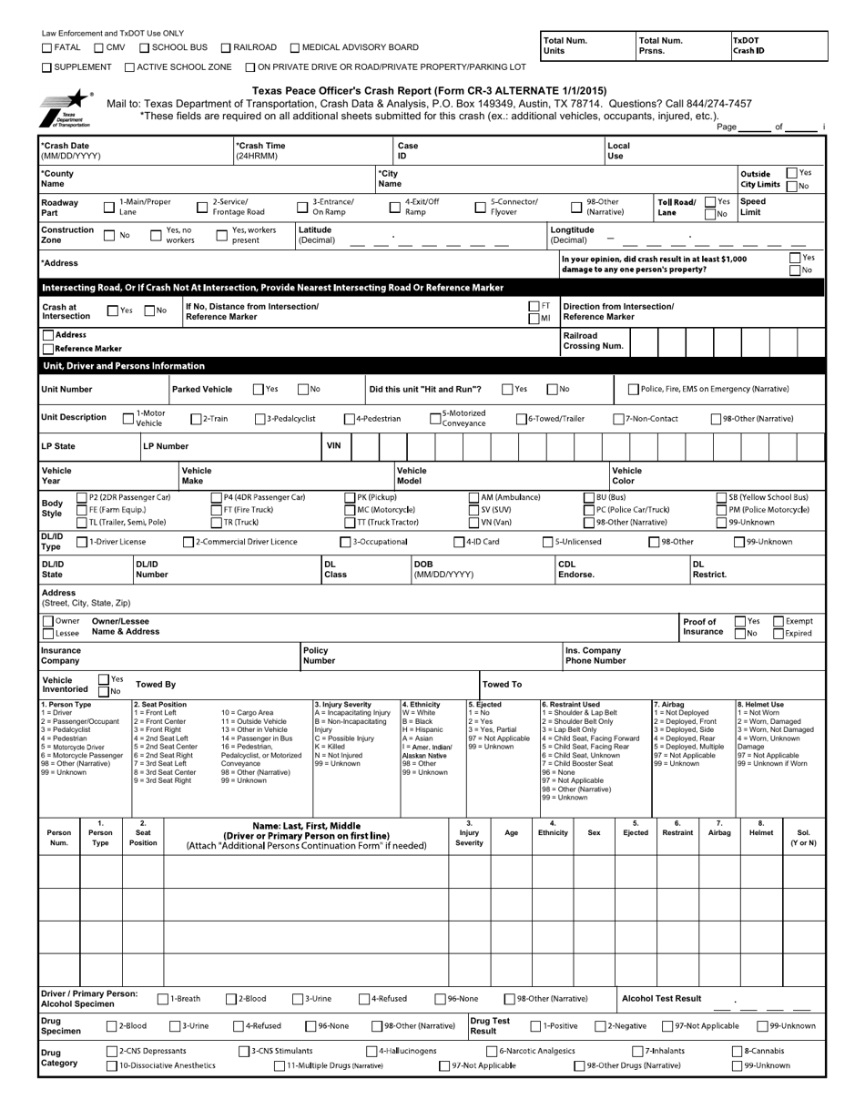 Form CR-3A Texas Peace Officers Crash Report Form - Texas, Page 1