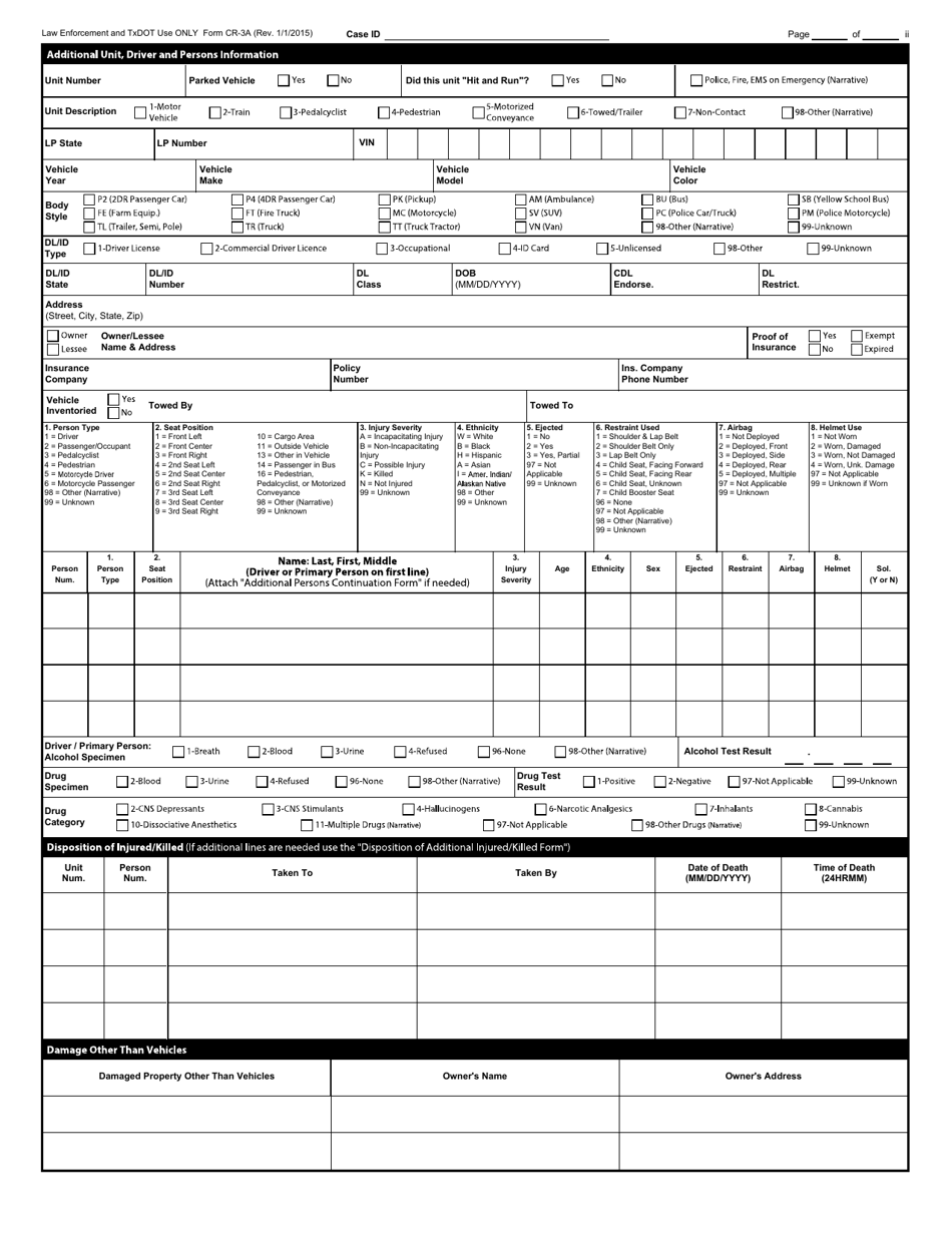 Form CR-3A Texas Peace Officers Crash Report Form - Texas, Page 2