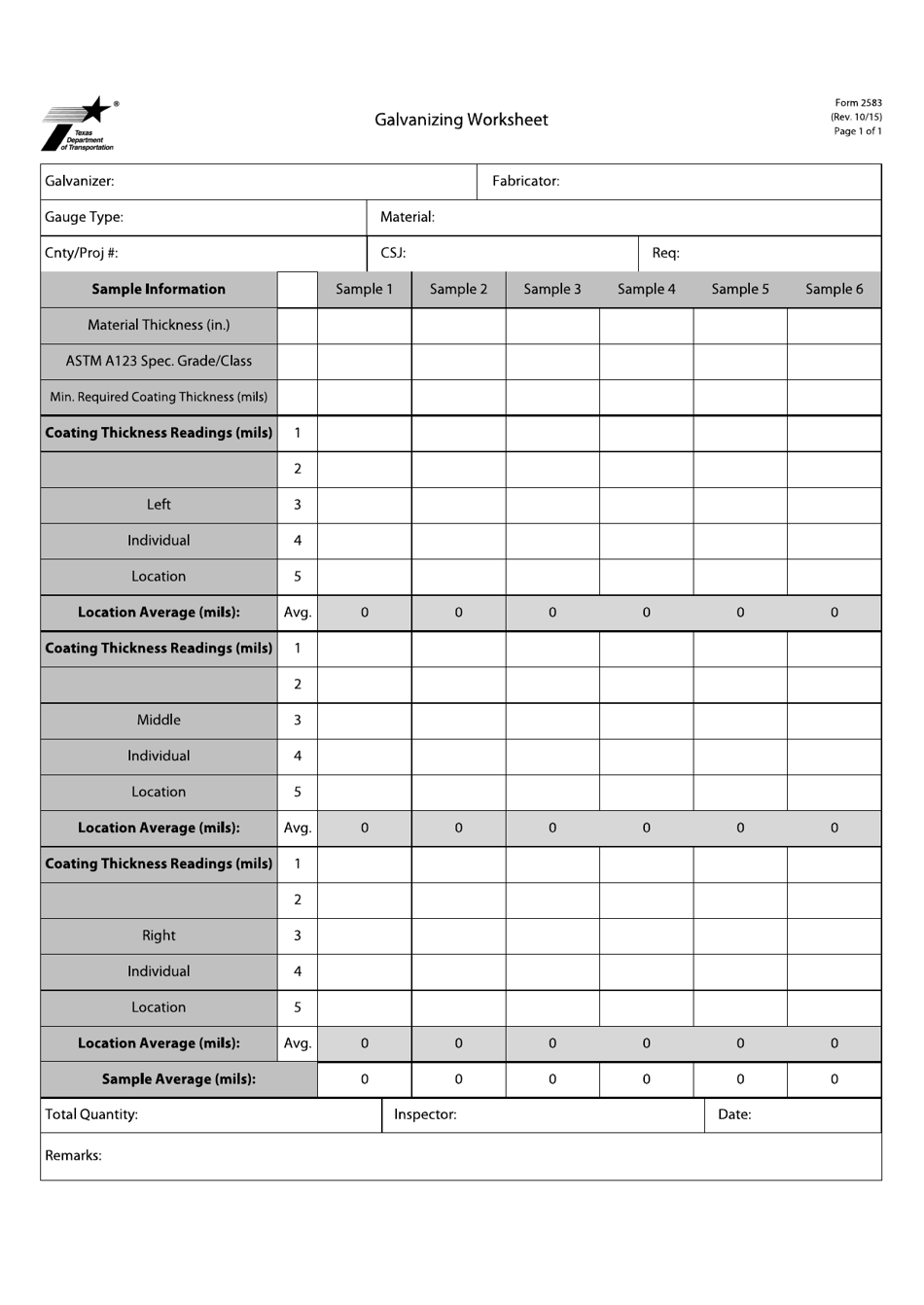 Form 2583 Galvanizing Worksheet - Texas, Page 1