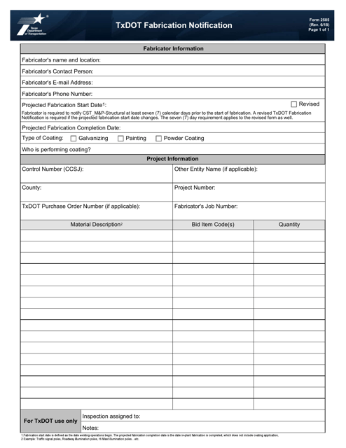 Form 2585 Txdot Fabrication Notification - Texas