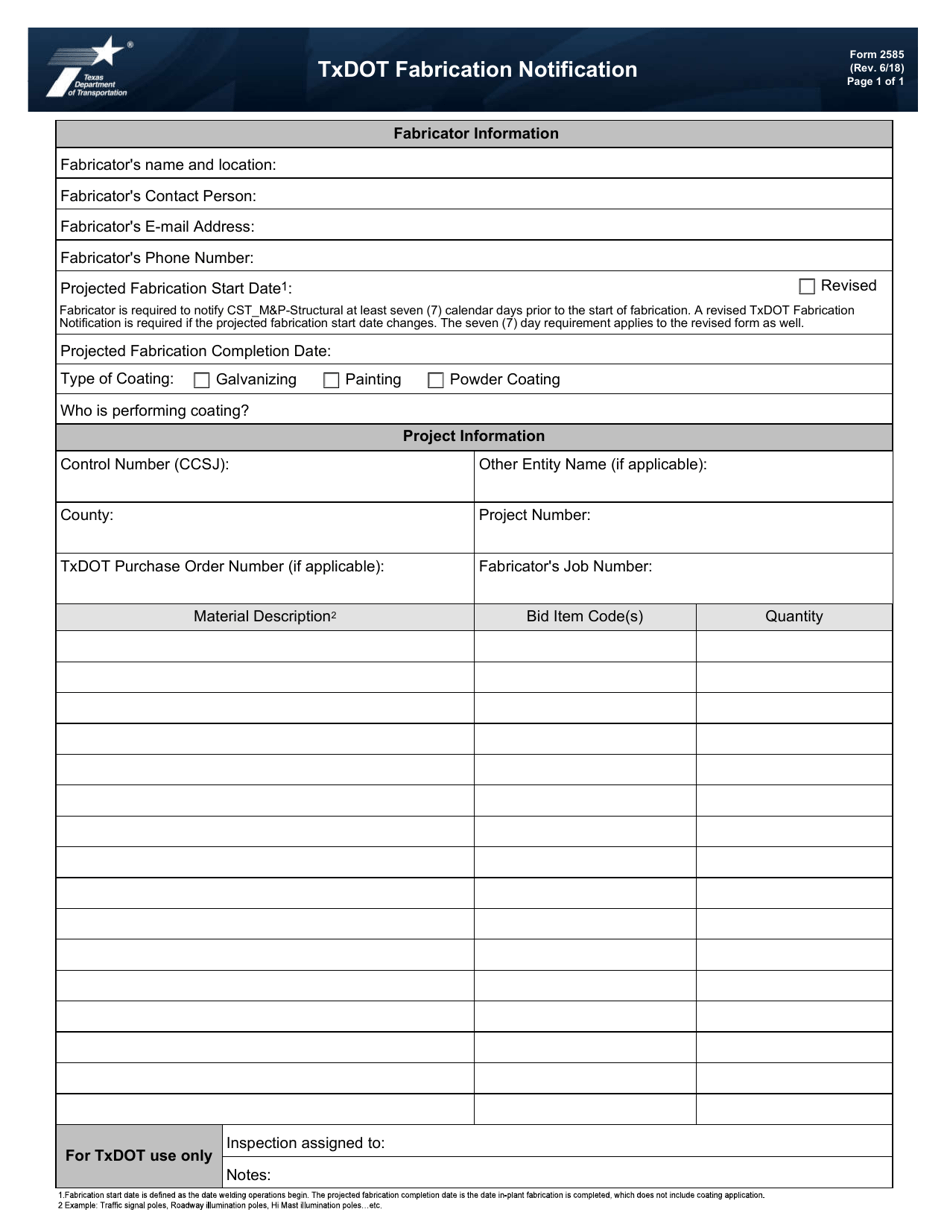 Form 2585 Txdot Fabrication Notification - Texas, Page 1