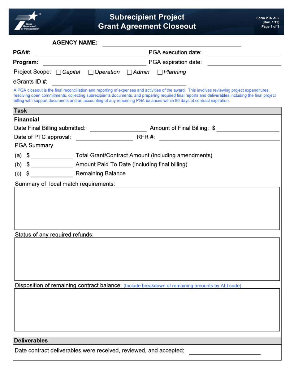 Form PTN-105 Subrecipient Project Grant Agreement Closeout - Texas, Page 1