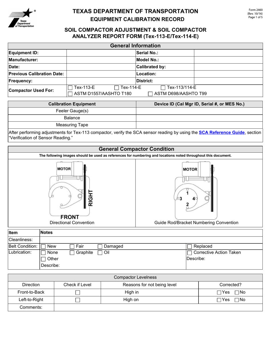 Form 2460 Soil Compactor Adjustment and Soil Compactor Analyzer Report (Tex-113-e / Tex-114-e) - Texas, Page 1
